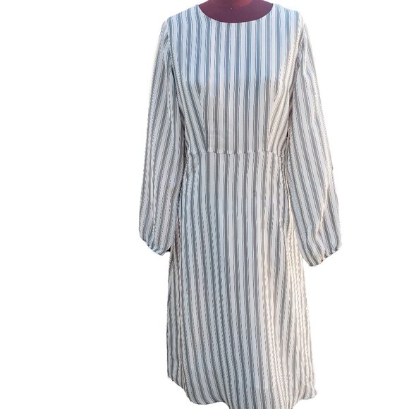 Second Female Dress Green Stripe Silk A Line Long Sleeve Crew Neck Small - Picture 1 of 7